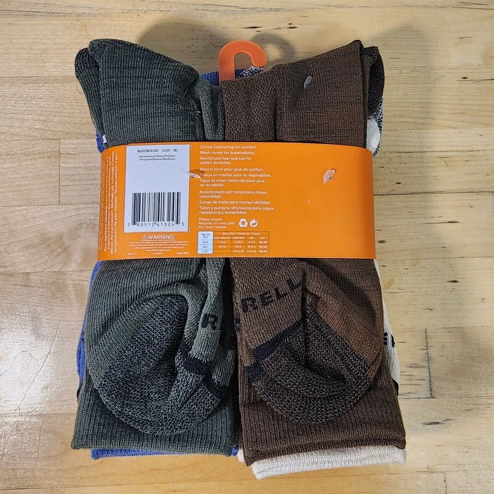 MERRELL All Purpose Cushioned Crew‎ Socks 6 Pair M/L M 9-12 W 10-13 Multicolor